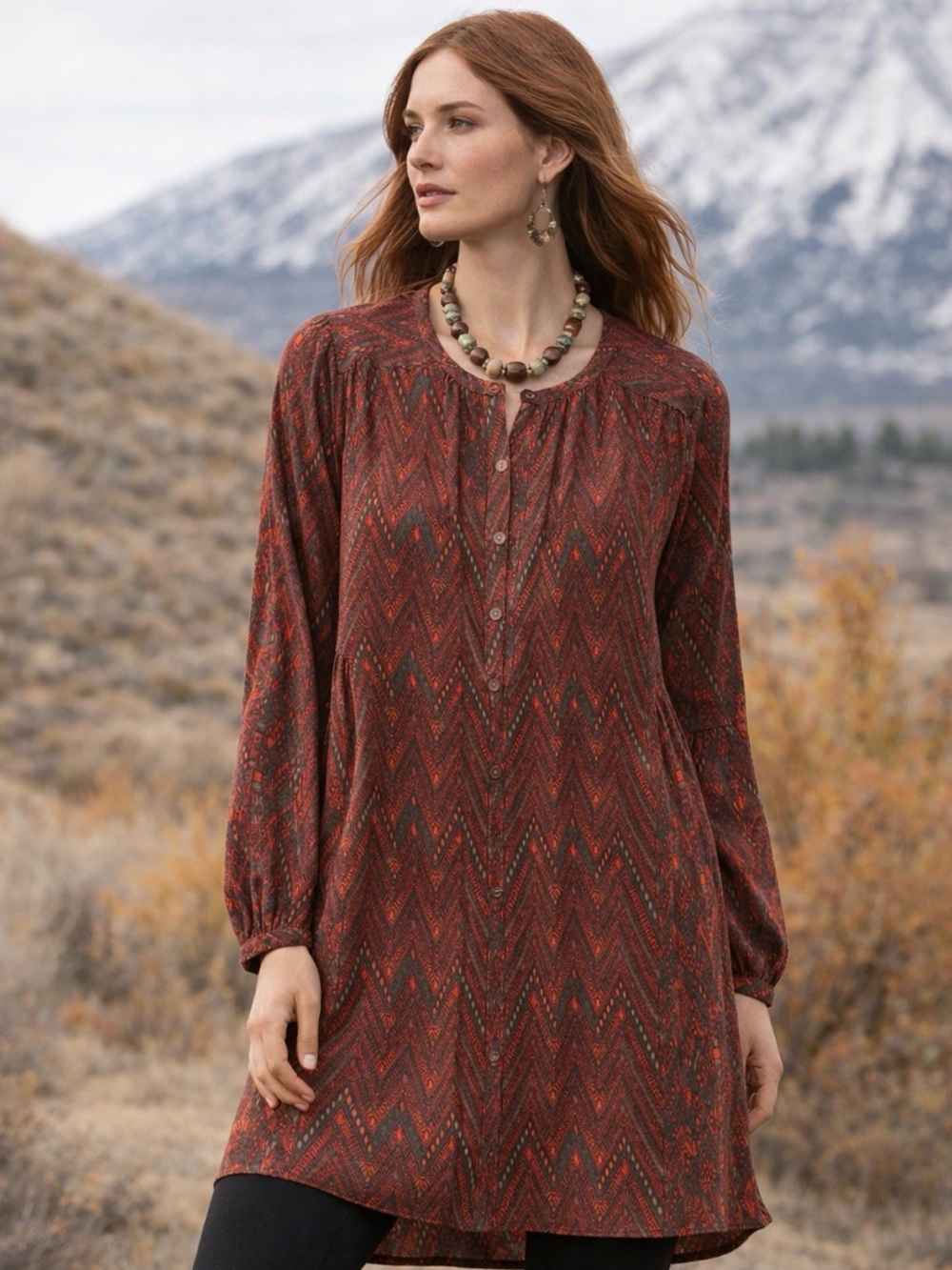 Peruvian Connection Silk Red Black Long Sleeve Dress Medium Western‎ Boho